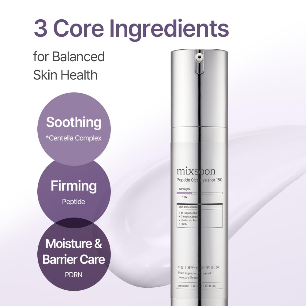 mixsoon Peptide Cica Hyalshot 150, 1.69 Fl. Oz / 50ml Centella Asiatica, Hyaluronic Acid for Sensitive Skin Lightweight & Fragrance-Free Korean Glass Skin Care