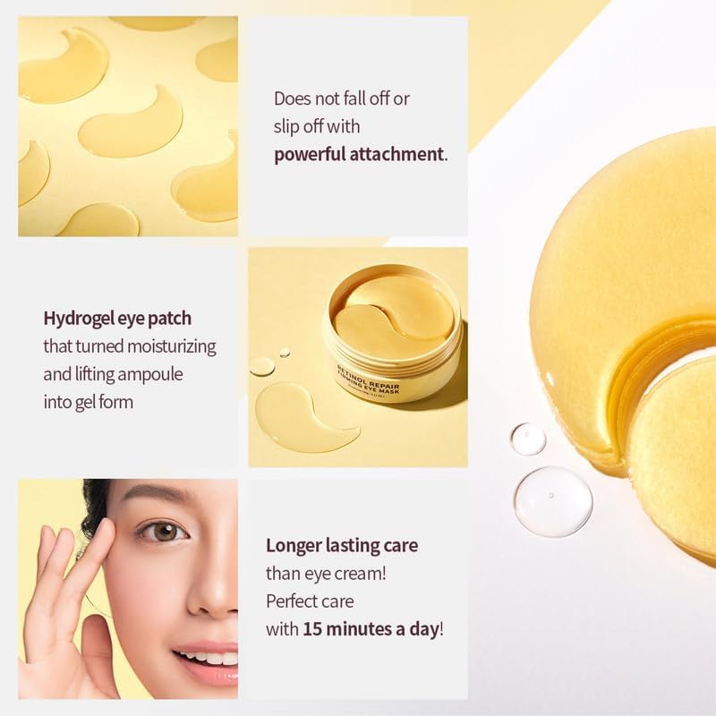 Korean Eye Patches Retinol Repair Firming Eye Mask Korean Skincare 24K Gold Hydrogel for Dark Circles, Puffiness & Fine Lines, 60 pcs