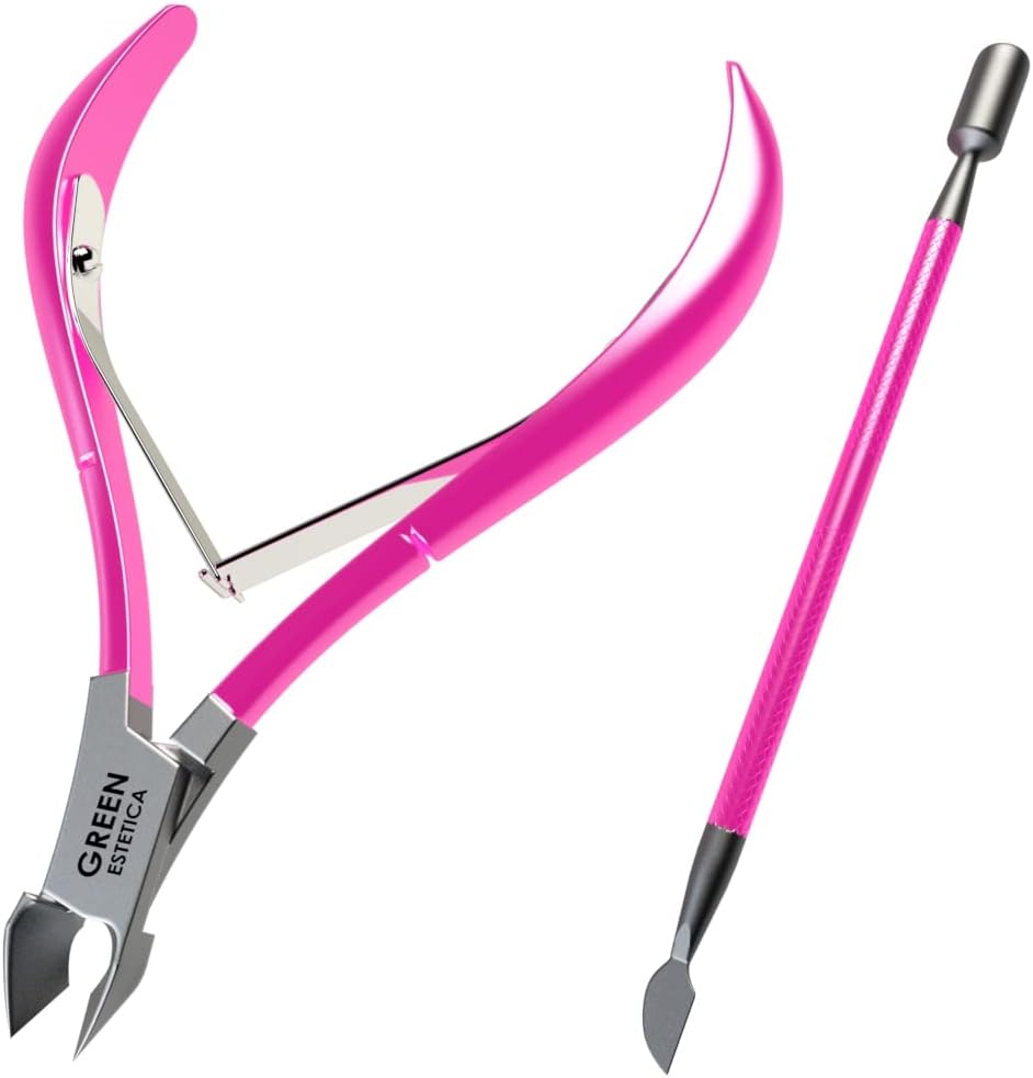 Professional Cuticle Trimmer with Cuticle Pusher Nail Cuticle Remover Nipper Silver Stainless Steel Sharp Blades Manicure Tools with Double Spring Nail Care Pedicure Nail Tools Home Spa (Pink)