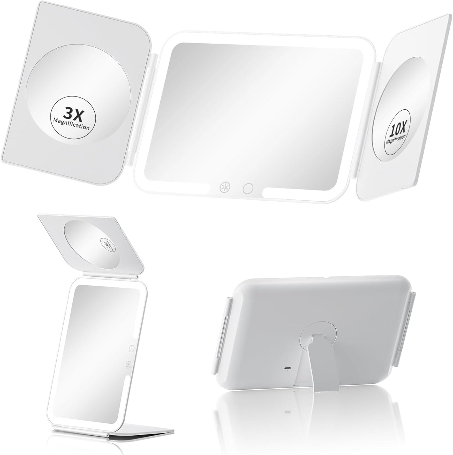 Trifold Travel Lighted Makeup Mirror, 5000mAh Rechargeable Light Up Magnifying Mirrors 1X/3X/10X, 3 Color Lighting&Stepless Dimming, Ultra Bright and Multi-Angle Adjustment