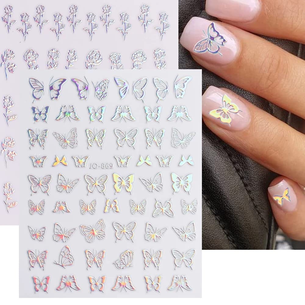 8 Sheets Aurora Silver Heart Nail Decals 3D Self Adhesive Design Star Stickers Holographic Butterfly Flame Nail Stickers for Women Girls DIY Manicure Tips Decoration