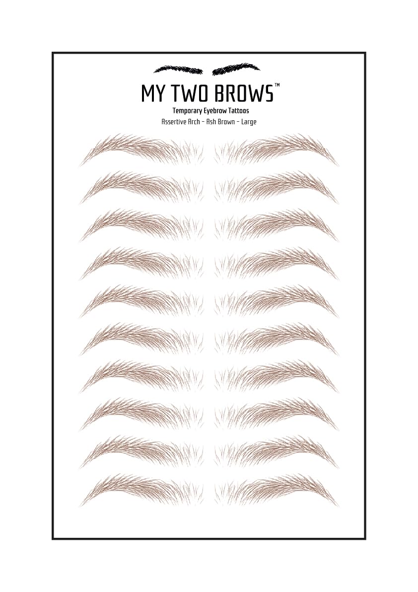 (10 pairs) Ash Brown Temporary Eyebrow Tattoo - Large Size - Waterproof & Smudgeproof - Assertive Arch Style Eyebrow Stickers - Sheet Lasts up to 30 Days - Won't Work on Existing Brows