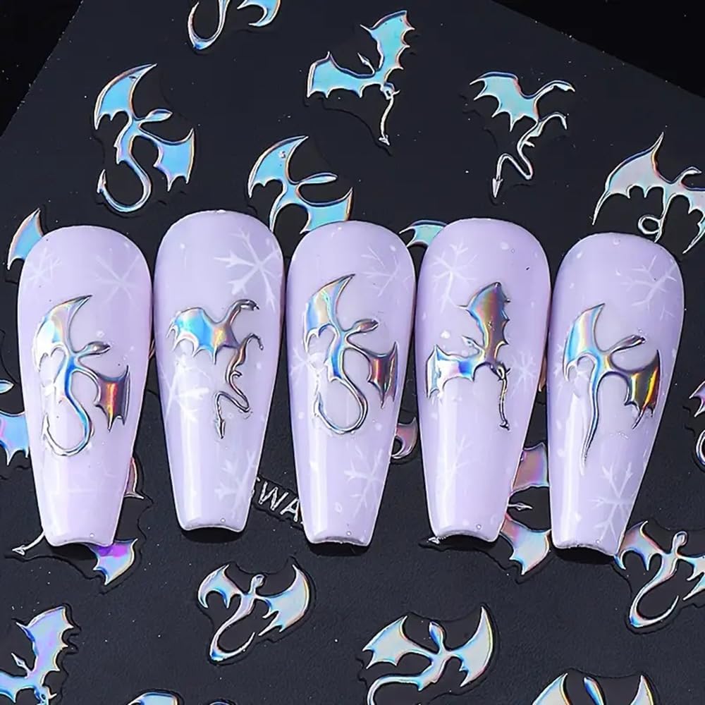 3 Pcs Metal Dragon Element Nail Stickers, 3D Self-Adhesive Golden and Silvery Laser Holographic Y2k Dragon Nail Art Decals,Glossy Texture Slider Nail Art Suitable for Women and Nail Decoration
