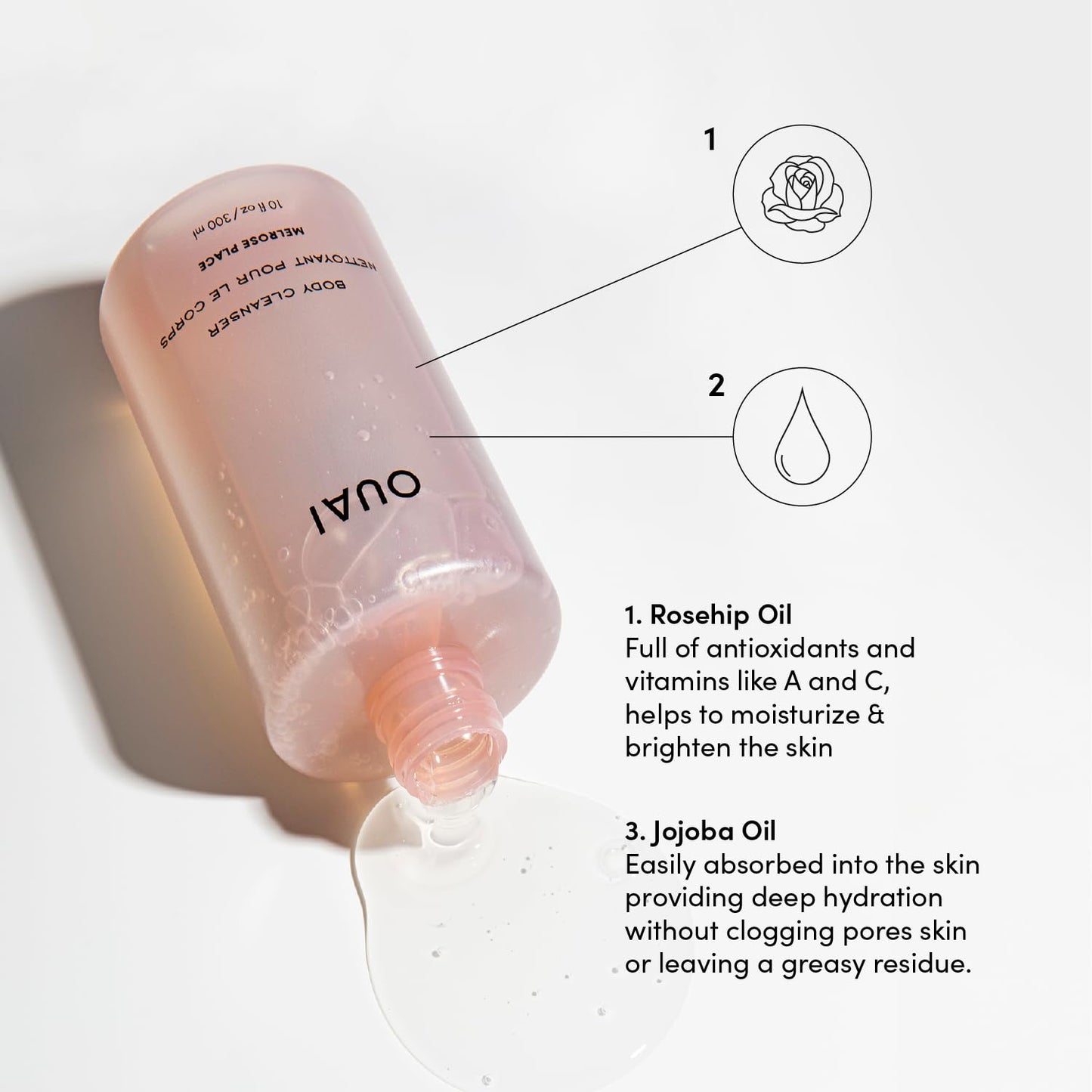 OUAI Body Cleanser, Melrose Place - Foaming Body Wash with Jojoba Oil and Rosehip Oil to Hydrate, Nurture, Balance and Soften Skin - Paraben, Phthalate and Sulfate Free Skin Care Products (10 Fl Oz)