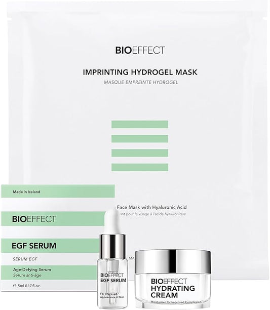 BIOEFFECT EGF Serum Try-Me Mini Sample Skincare Set with Hydrating Cream & Hydrogel Mask, Travel-Size Trio of Growth Factor Anti-Aging Serum, Moisturizer & Soothing Facial Mask