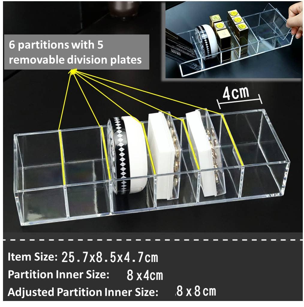 Acrylic Makeup Organizer Cosmetic Storage Makeup Display Case Lipstick Holder Dispenser Adjustable Canister Bathroom Container (10 x 3.4 x 1.9 inches, 6 Partitions, Transparent)