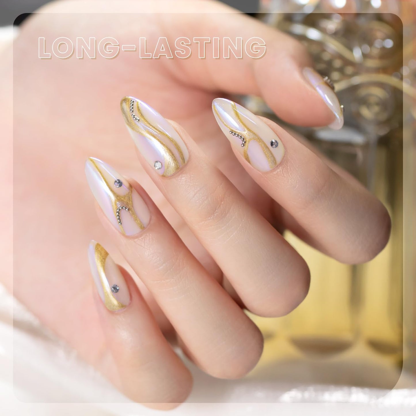 RARJSM Metallic Chrome Gel Liner Nail Art Champagne Gold 3D Mirror Effect Gel Nail Polish 8ml Build in Thin Brush Metal Painted Drawing Striper Painting GelPolish Soak off Curing Requires Home Salon