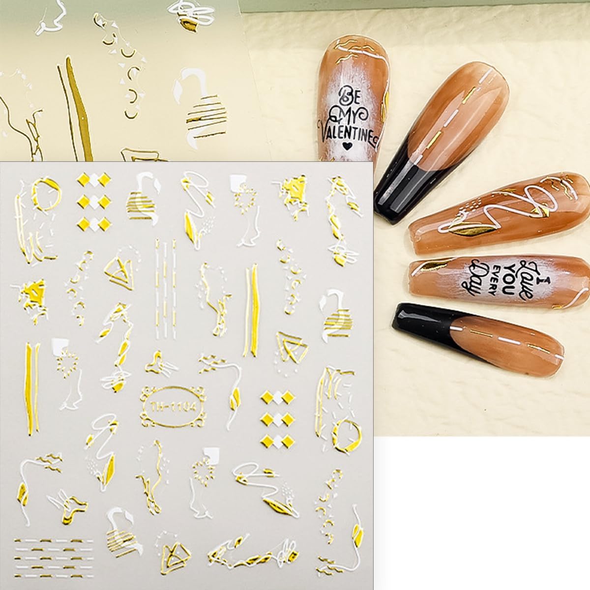 6 Sheets Marble Nail Stickers French Nail Art Stickers Decals 3D Self-Adhesive Design Bronzing Gold Nail Decals Blue Purple Brown Geometric Lines Abstract Nails Tip Decoration for Women Girls