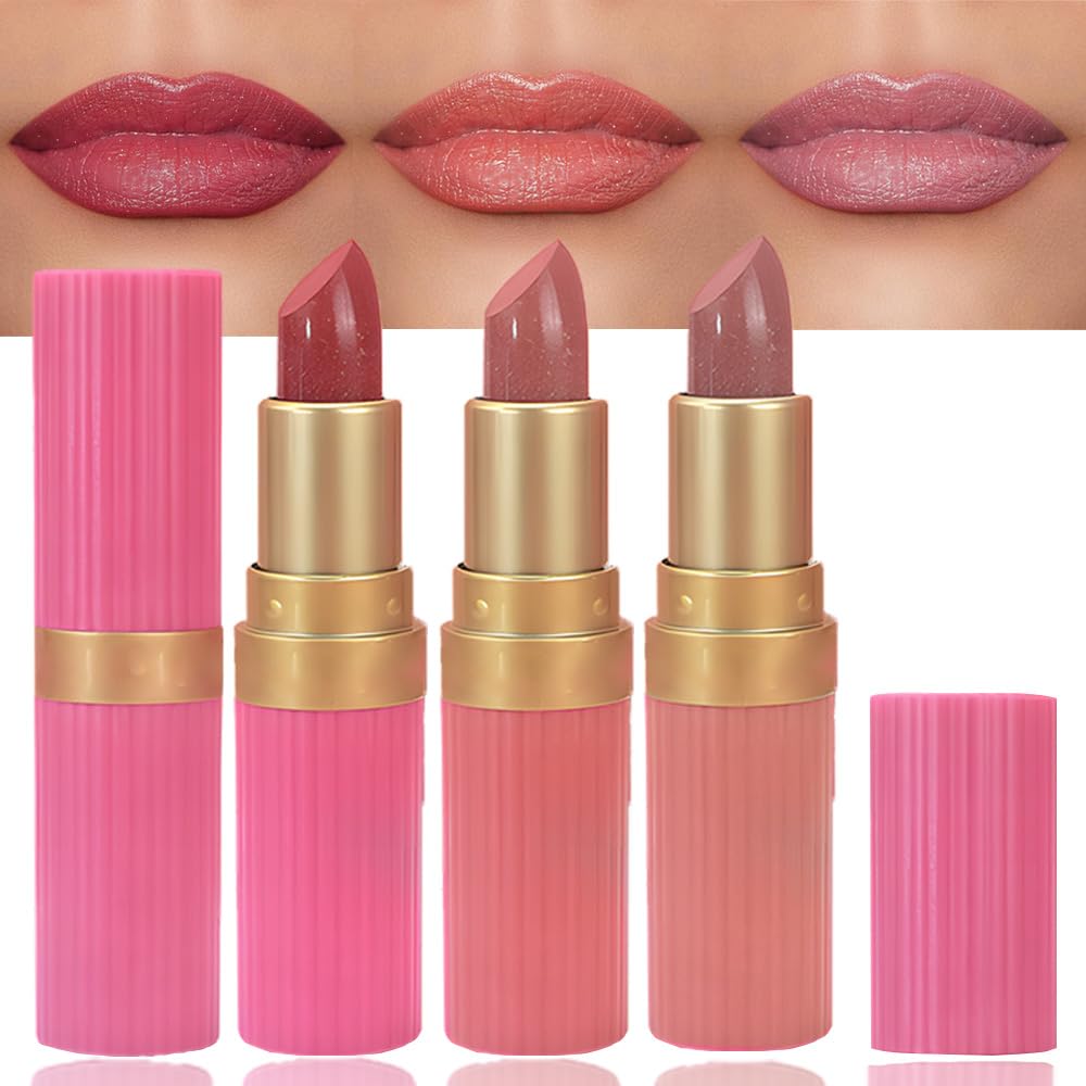 3Pcs Metallic Lipstick for Women,Lightweight Shimmer Frosted Lipstick,Glitter Lip Gloss Stain Long Lasting Waterproof Smudge Proof 24 Hour Full Coverage Lip Makeup,Vegan（01,02,03)