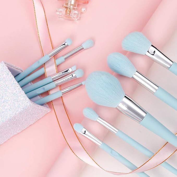 DUcare Makeup Brushes with Holder - 10Pcs Professional Synthetic Make Up Brushes Set for Blush Concealer Foundation Bronzer Powder Eyebrow Contour Eyeshadow Blending Makeup Brush Set, Ice Lake Blue