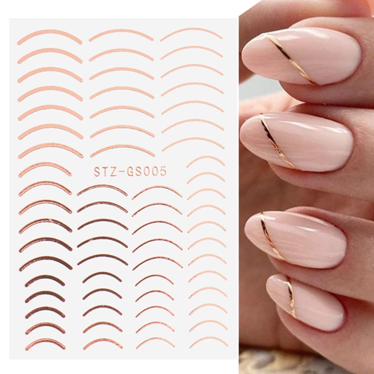 8 Sheets Line Nail Art Stickers Rose Gold Silver Metal Nail Stickers Nail Art Supplies 3D Metallic Curve Stripe Wave Lines Nail Decals French Nail Designs Accessories Striping Tape Wavy Nail Decor