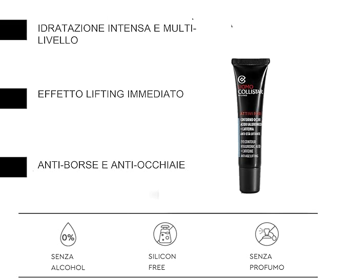 Collistar Uomo Attivi Puri Contorno Occhi Acido Ialuronico + Caffeina Anti-età Liftante, Eye Contour Hyaluronic Acid 15 ml, 0.5 Fl Oz Made in Italy [italian import]