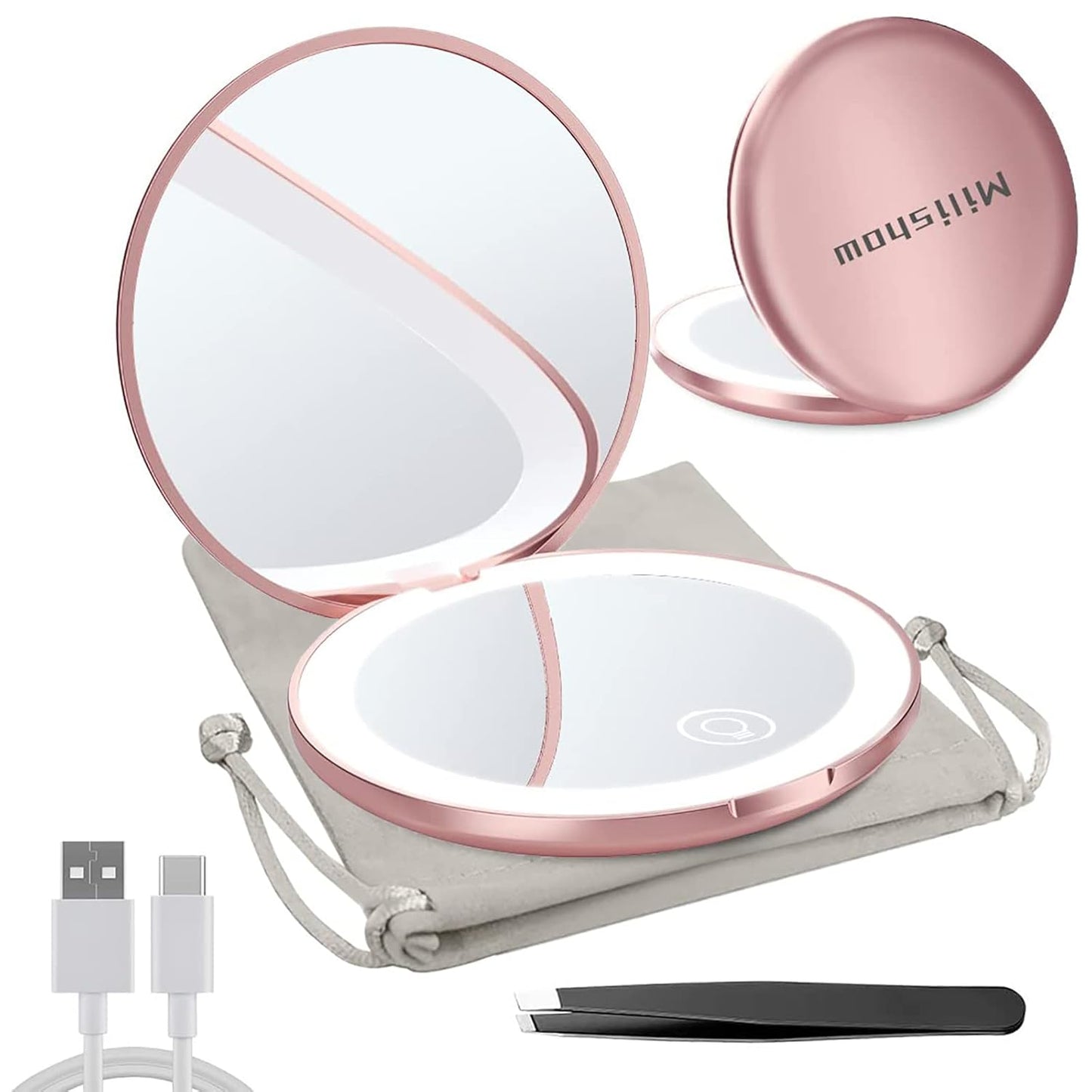 Compact Mirror with LED Light,1x/10x Magnifying Rechargeable Mirror,3.5in, Dimmable Travel Mirror for Purse,Pocket,Handheld 2-Sided Makeup Mirror