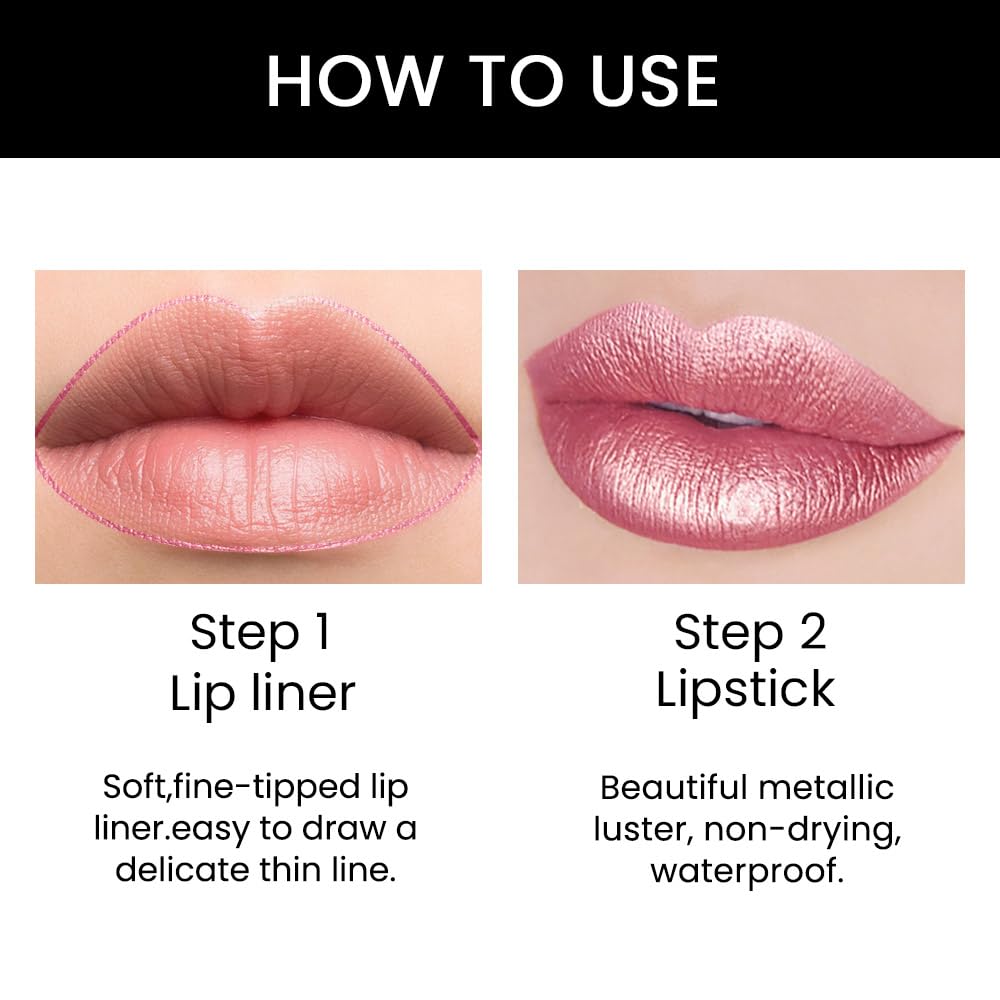 Kaely 2-in-1 Light Pink Pale-Pink Metallic Shine Shimmer Lip Liner & Lipstick Combo Set Kit for Women, Lightweight Hydrating Formula High Impact Full Coverage Lipstick and Lip Liner Makeup Gloss 16
