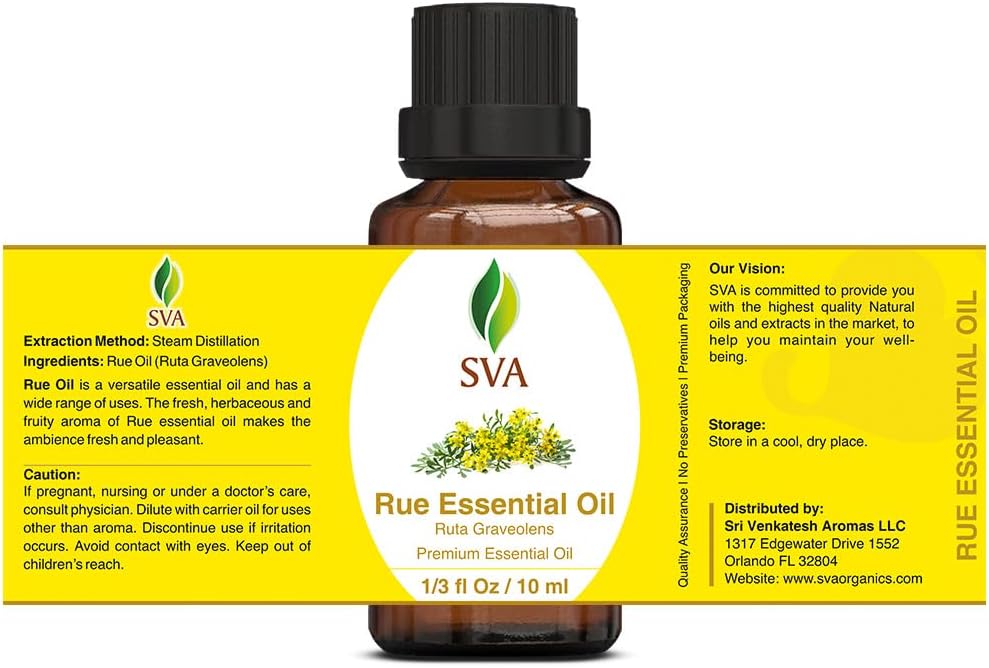 SVA Rue Essential Oil – 1/3 Fl Oz – 100% Natural Rue Oil - for Diffuser, Hair Care, Face, Skin Care, Aromatherapy, Scalp and Body Massage, Soap and Candle Making