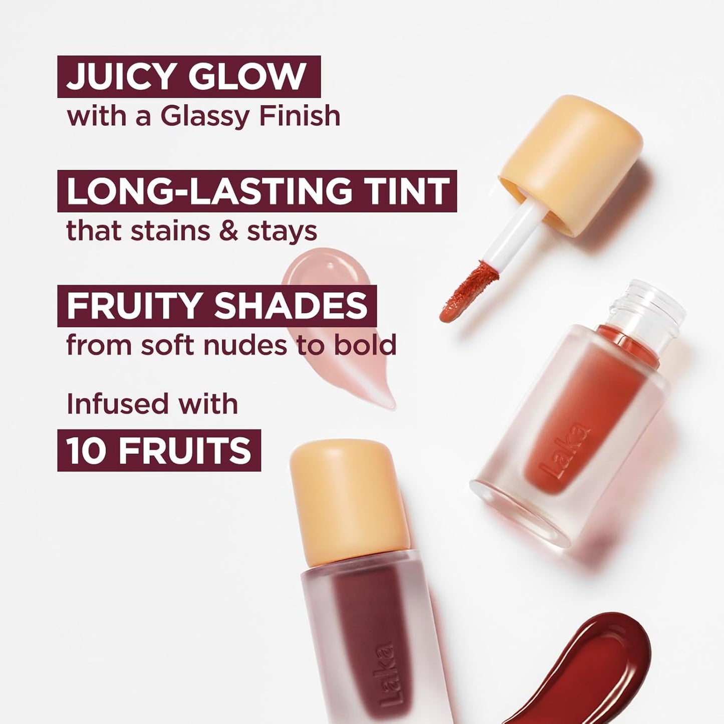 Laka Fruity Glam Lip Tint Mini, Glowing Lip Stain with Wide Color Spectrum, Hydrating & Lightweight Texture, Long-Lasting Bold Stain, Non-Sticky, Vegan, K-Beauty (#106 Juicy)