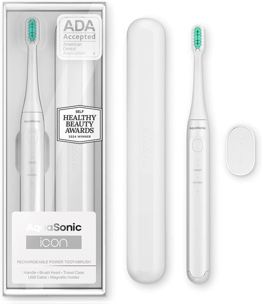 Aquasonic Icon ADA-Accepted Rechargeable Toothbrush | Magnetic Holder & Slim Travel Case | 2 Brushing Modes & Smart Timers | Gentle Micro-Vibrations (Pearl)