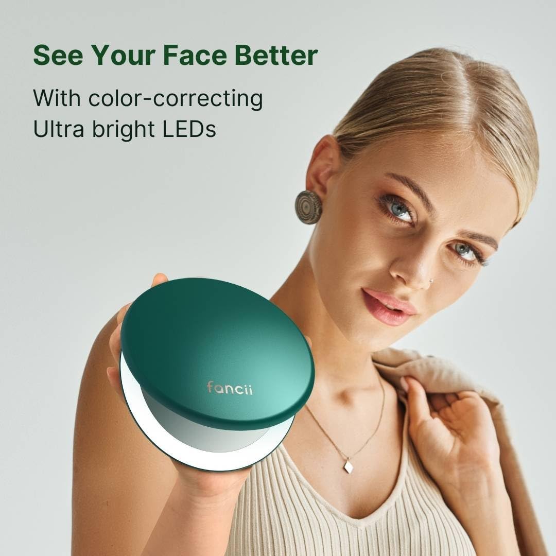 Fancii Taylor Rechargeable Travel Makeup Mirror with LED Lights, 10x /1x Magnifying, 3 Light Settings, Large 5” Wide | Compact Mirror for Purses (Emerald Envy)