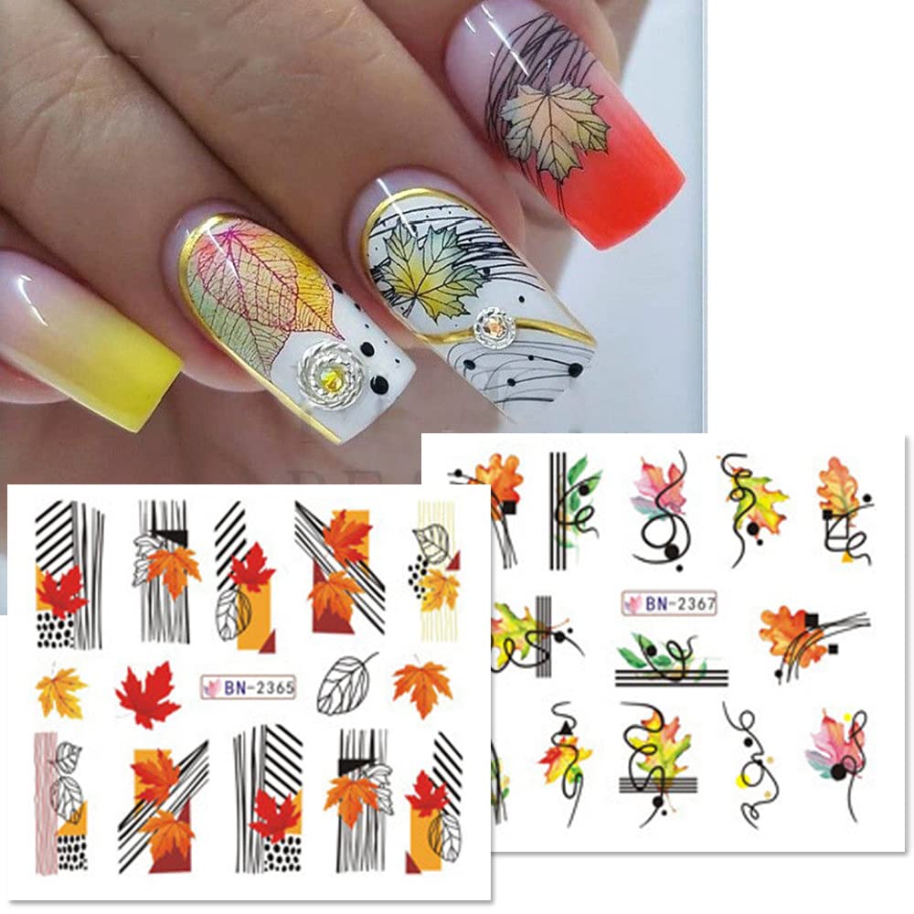 Maple Leaf Nail Art Stickers Fall Nails Water Transfer Slider Foils Autumn Nail Decorations, Harvest Pumpkin Pinecone Maple Leaves Pattern Acrylic Nail Sticker for Thanksgiving Nail Art Supplies 12Pcs