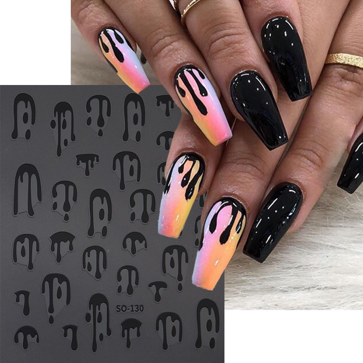 8 Sheets Halloween Nail Stickers Water Drop Blood Nail Decals French Tips Nail Art Stickers Black Gold Laser Design 3D Self Adhesive Sticker for Nail Holiday Manicure DIY Supplies for Women