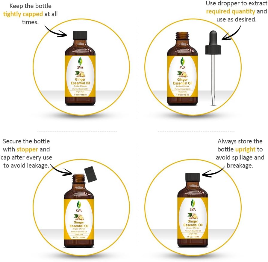 SVA Ginger Essential Oil – 4 Fl Oz – 100% Natural Ginger Oil - for Diffuser, Hair Care, Face, Skin Care, Aromatherapy, Scalp and Body Massage, Soap and Candle Making – with Dropper