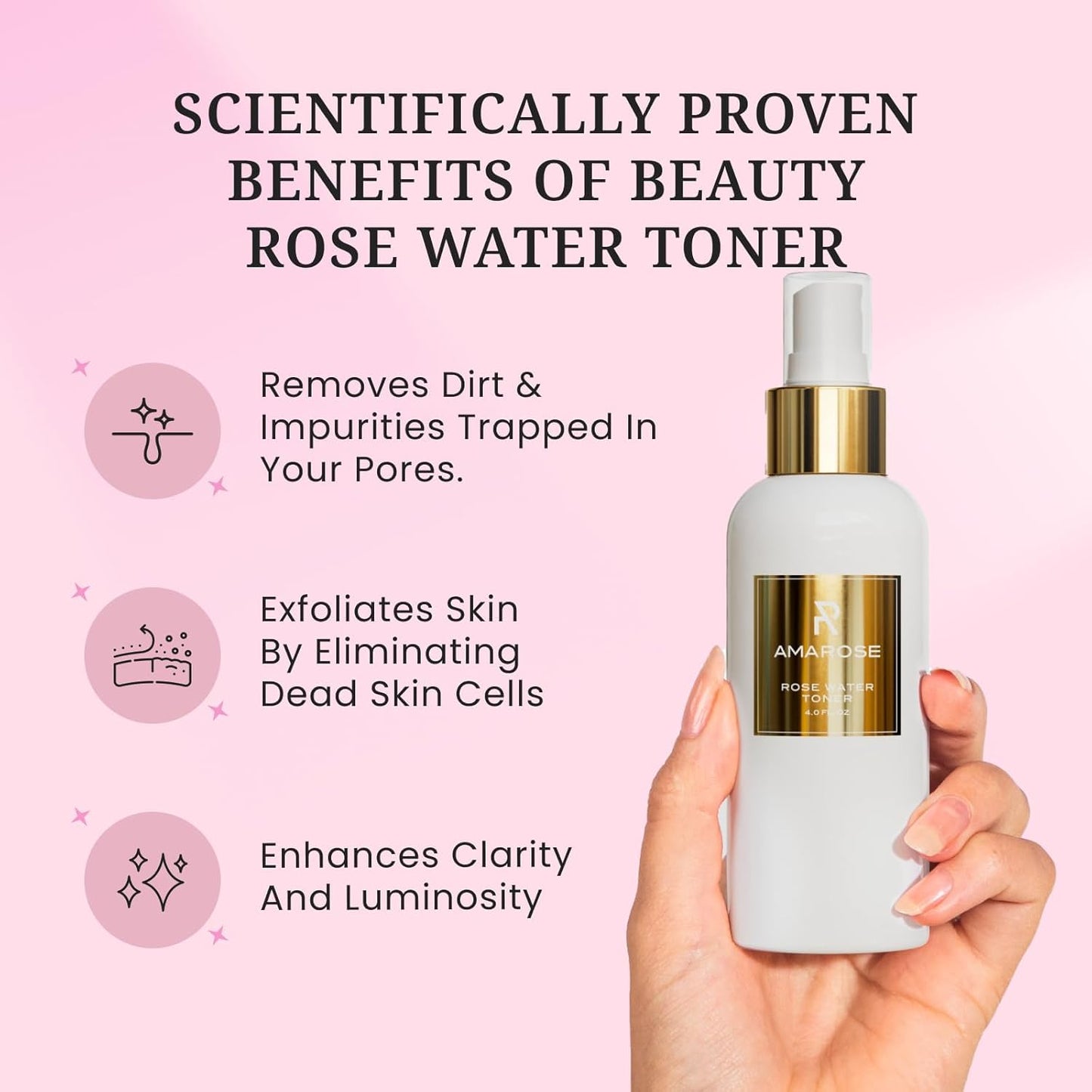 Amarose Rose Water Spray - Revitalizing, Facial Toner - Water for Face - Rose Water Toner - All Skin Types - Hydrating- Rosewater, Spray, Mist with Hyaluronic Acid