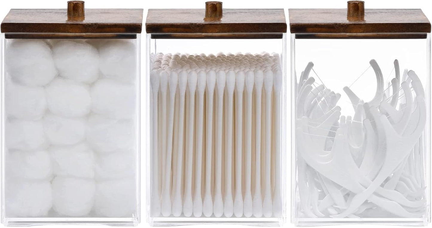 Tbestmax 3 Pack Qtip Holder - 12 oz Bathroom Organizer and Storage Containers, Plastic Square Apothecary Jars with Black Bamboo Lids for Cotton Ball, Cotton Swab, Floss