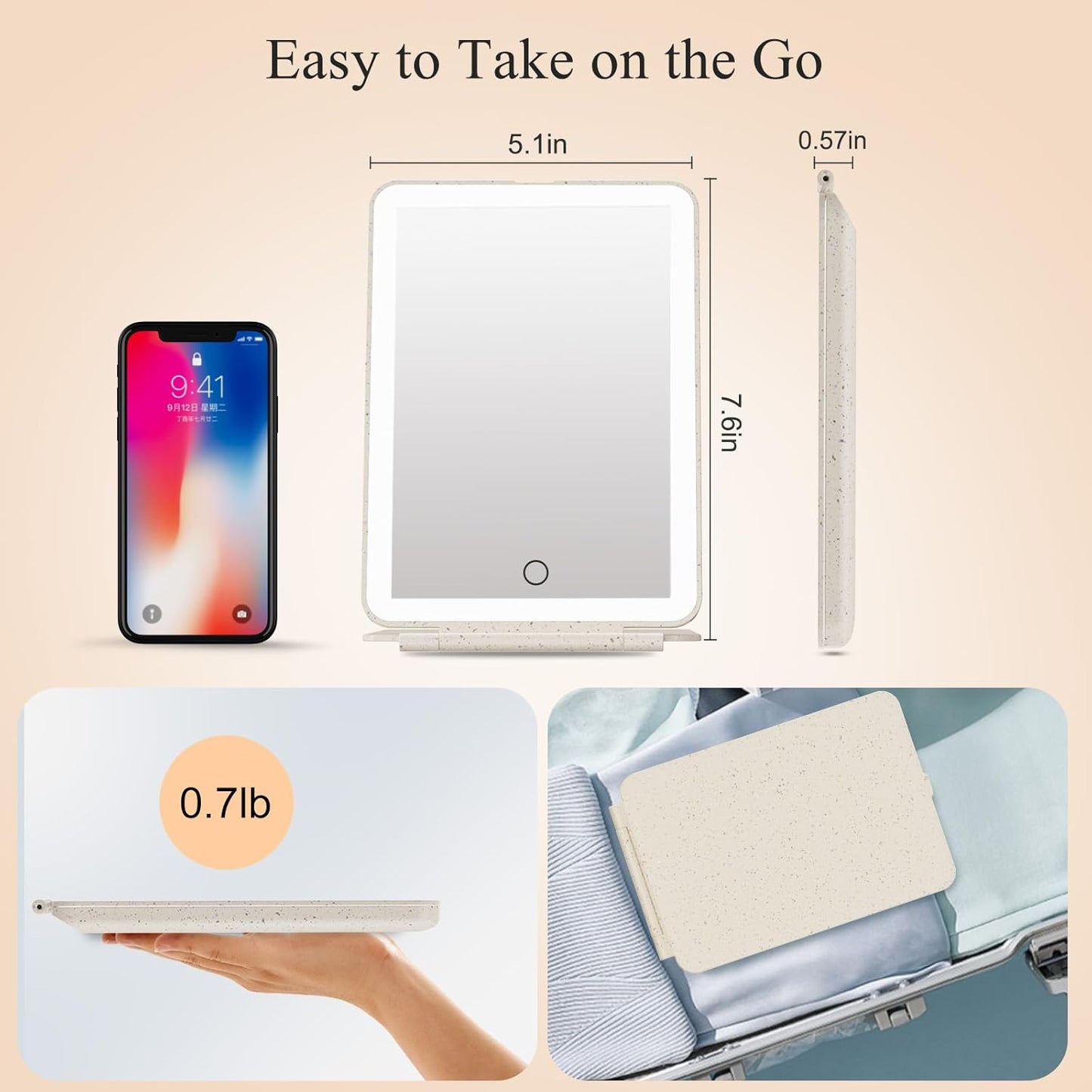 FUNTOUCH Rechargeable Travel Makeup Mirror with 72 Led Lights, Portable Lighted Makeup Mirror, 3 Color Lighting, Dimmable Touch Screen, Type C, Tabletop LED Folding Cosmetic Vanity Mirror