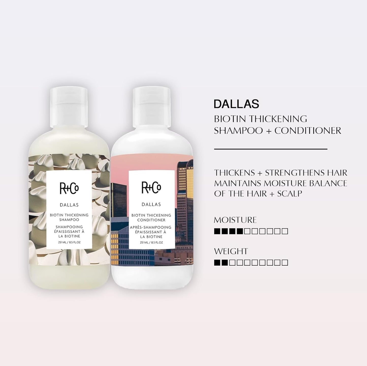 R+Co Dallas Biotin Hair Thickening Shampoo and Conditioner Set (8.5 Oz) + Deluxe Sample (.5 Oz) | For Hair Growth | Sulfate-Free | Vegan + Cruelty-Free |