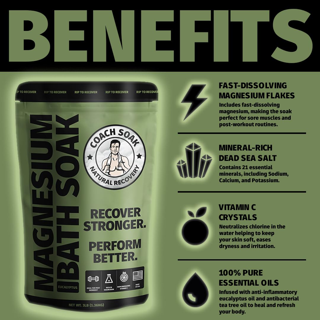 5 Pack Bundle: Coach Soak Recovery Bath Soak, Epsom Salt Bulk, Bath Salts Bulk, 5 Pack Bundle, Total of 15 Pounds (Eucalyptus Tea Tree)