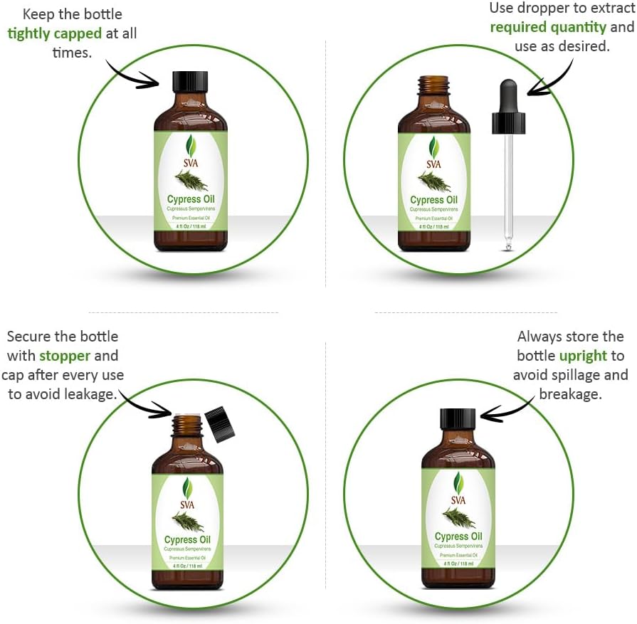 SVA Cypress Essential Oil – 4 Fl Oz – 100% Natural Cypress Oil - for Diffuser, Hair Care, Face, Skin Care, Aromatherapy, Scalp and Body Massage, Soap and Candle Making – with Dropper