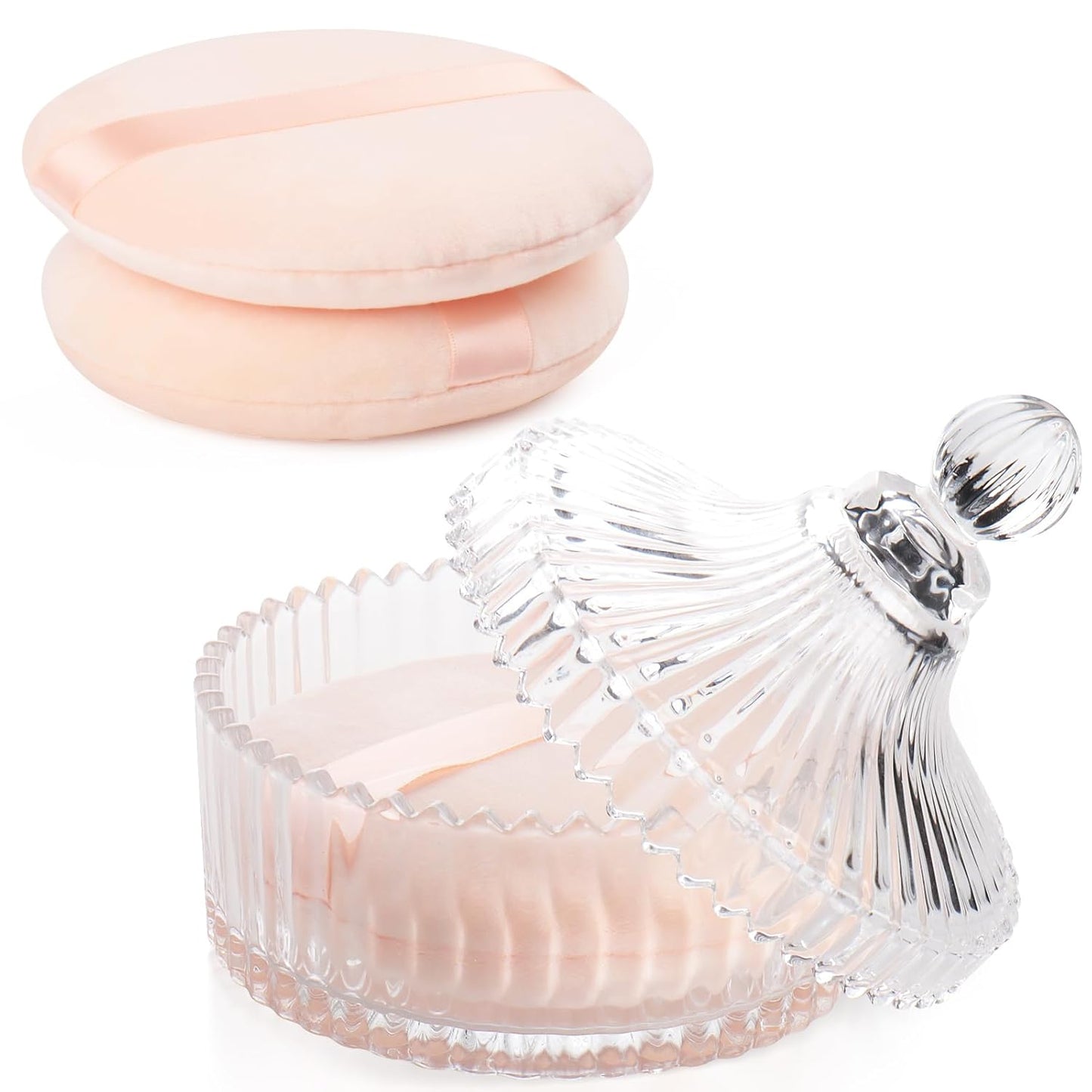 2Pcs Extra Large Body Powder Puff & Luxury 6" Glass Jar Dusting Powder Container with Puff for Women Bath Powder Puffs Perfect for Talcum or Loose Powder (Beige)