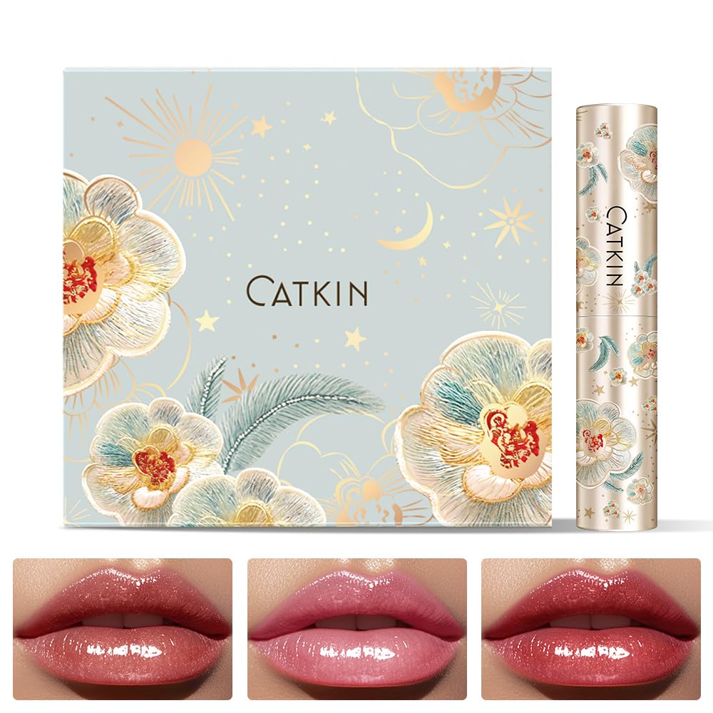 CATKIN Glossy Lip Balm 3pcs Gift Set, Ultra Hydating Glow Lip Tinted Jelly Plump Melting Balm Shea Butter Repair Soothing For Dry Lips Dewy Finished 0.12 oz 02