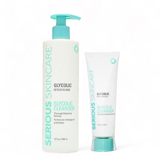 Serious Skincare Glycolic Cleanser - Glycolic Acid Skin Exfoliating Face Wash - 10% Glycolic Acid - Deep Pore Purifying - Removes Makeup, Oil, and Impurities - Shave Prep - Anti-Aging AHA 12 Oz & 4 Oz