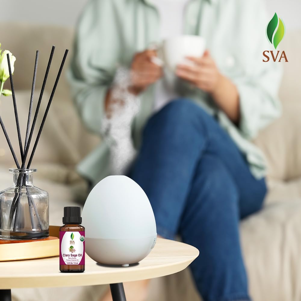 SVA Clary Sage Essential Oil Organic – 1/3 Fl Oz – 100% Natural Organic Clary Sage Oil - for Diffuser, Hair Care, Face, Skin Care, Aromatherapy, Scalp and Body Massage, Soap and Candle Making