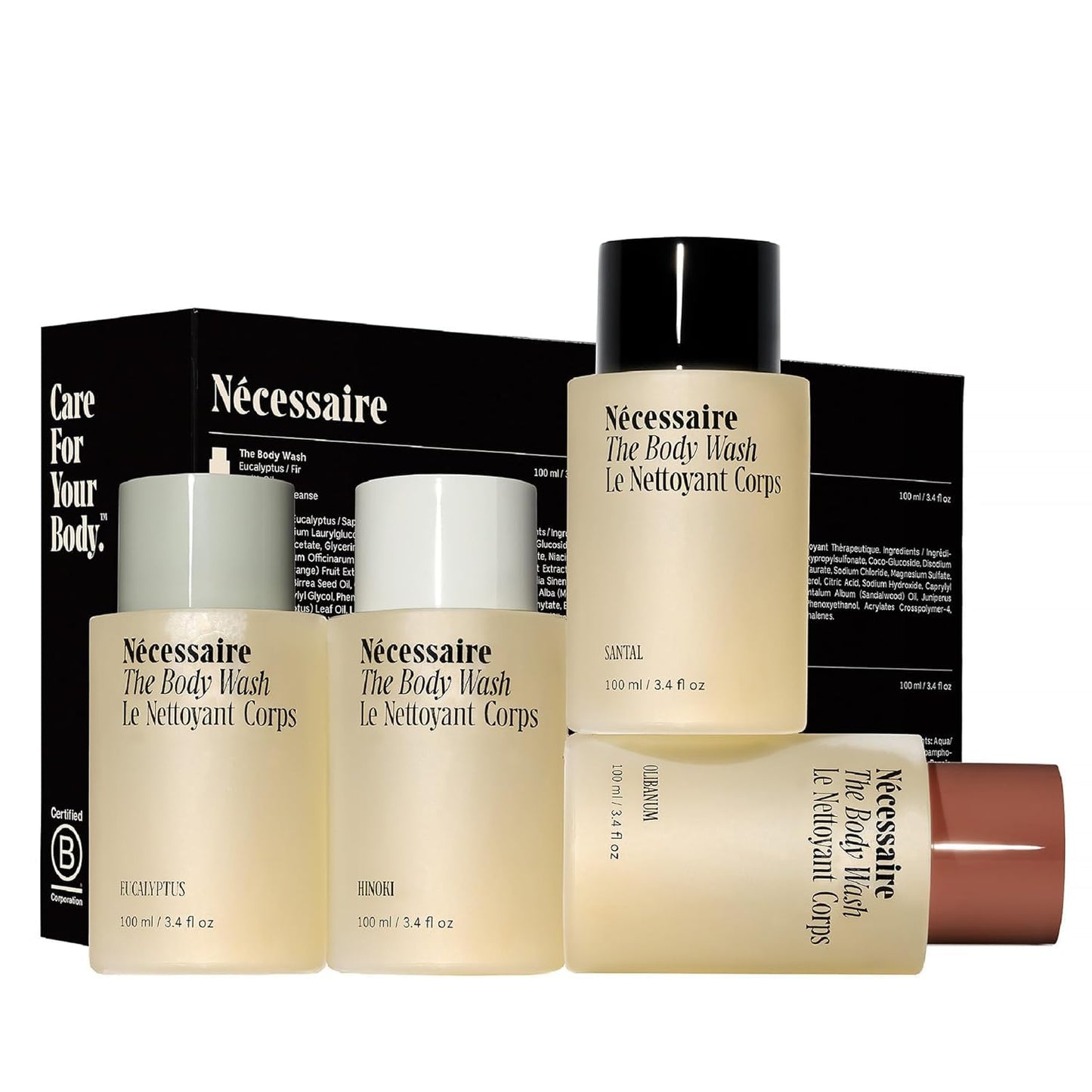 Nécessaire The Body Wash - Collection Set. Self Care Gifts for Women + Men, 4x Travel Size Skin Care Set, Natural Body Wash for Women + Men. With Vitamins + Niacinamide. Gel Cleanse, 3.4 fl oz.