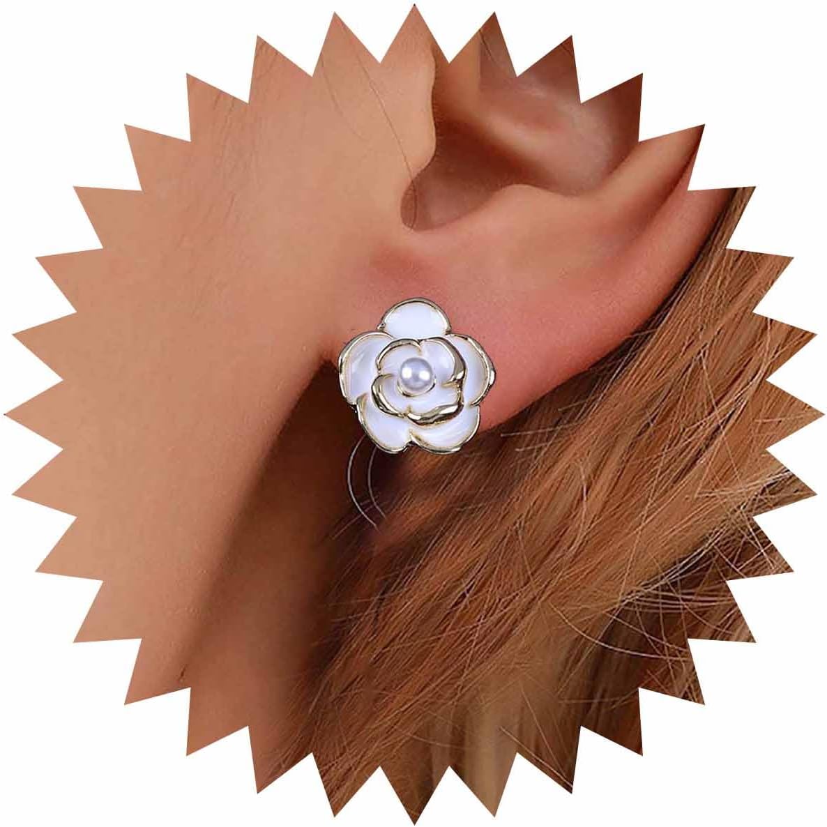 Vintage Pearl Flower Earrings Camellia Flower Stud Earrings Enamel White Flower Petal Earrings Gold Pearl Stud Earrings Jewelry for Women