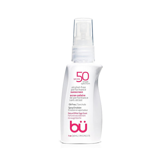 BU SPF 50 Sunscreen Spray for Face and Body, TSA Travel Size Sunscreen, Clear, Non Greasy, Water Resistant, for Sensitive Skin, White Sage 1 oz