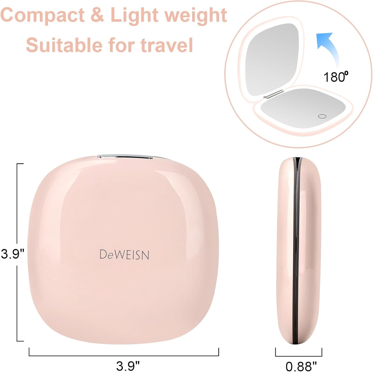 deweisn Compact Mirror, Lighted Travel Makeup Mirror with 1X/10X Magnifying Double Sided Dimmable Portable Pocket Mirror for Handbag and Pocket, USB Charging(Pink)