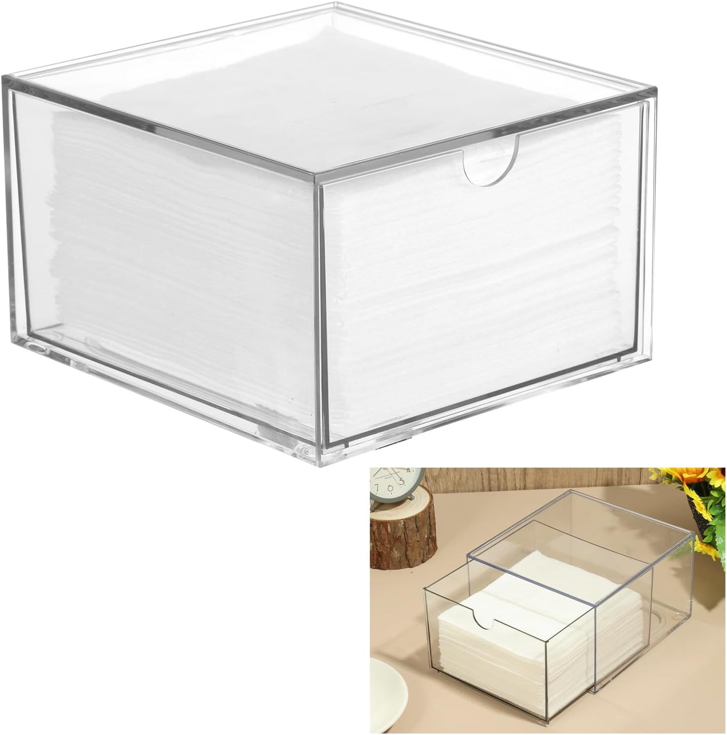 Rainmae Disposable Face Towel Holder, Face Towel Storage Box Bin, Stackable Clear Makeup Organizer with Drawer for Clean Skin Club Face XL Towels Holder for Vanity Bathroom and Makeup Organization