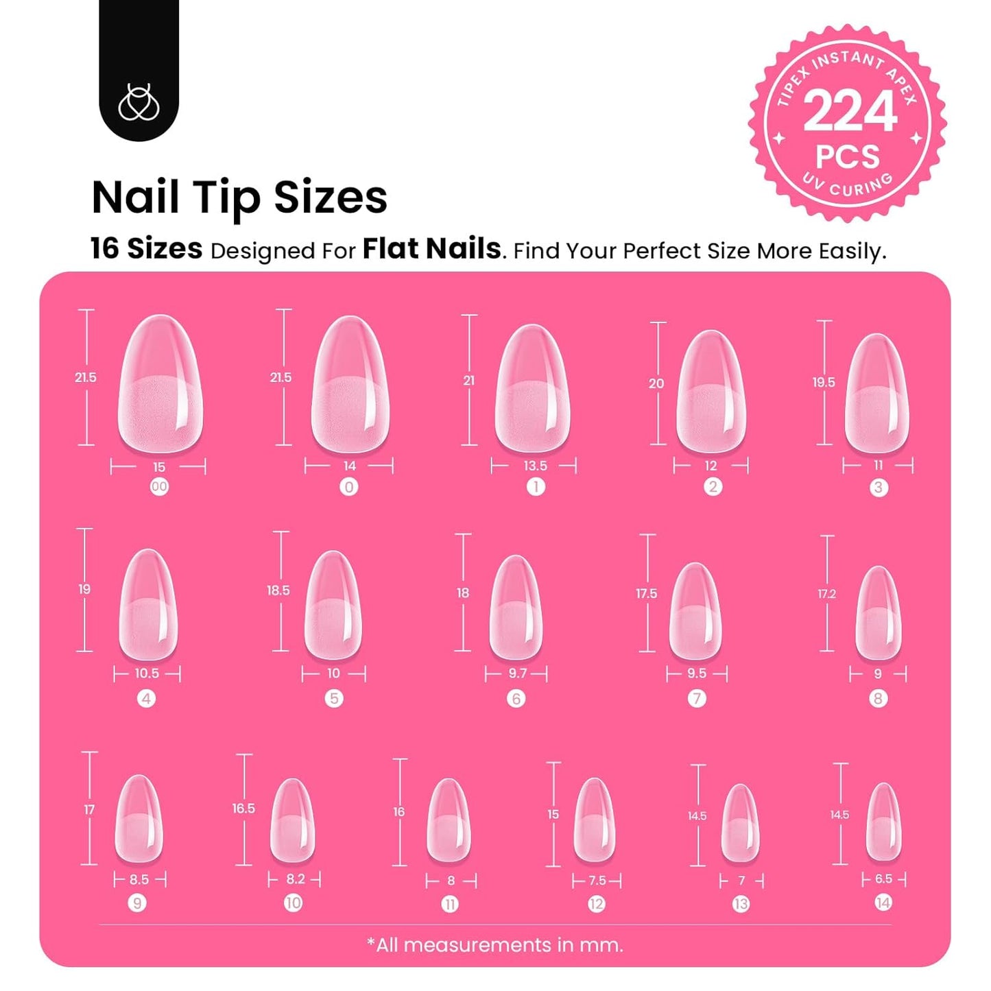 Beetles Tipex Instant Apex Nail Tips Kit, Oval Short 224Pcs 16 Sizes Pre-Building & Pre-Etched Thicker Acrylic Nails False Nail Extension with Tipex Uv Nail Glue Mini Nail Lamp