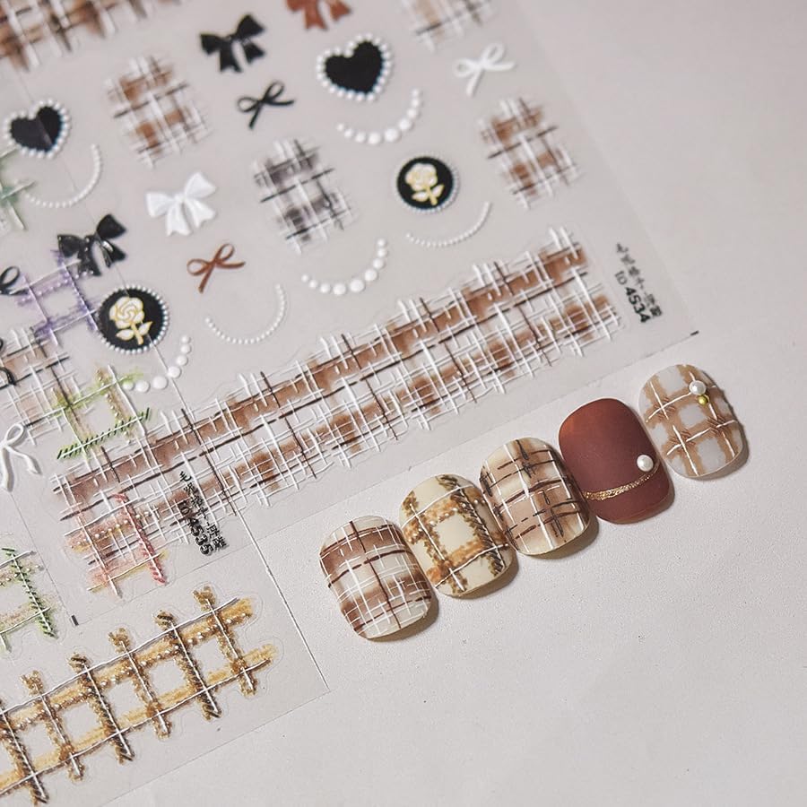 Colorful Grid Bow Nail Art Stickers 3D Embossed Fall Winter Nail Stickers, Self-Adhesive Durable Nail Art Decals for Women Girls, Nail Wraps Decoration Manicure for DIY Acrylic Nail Accessories