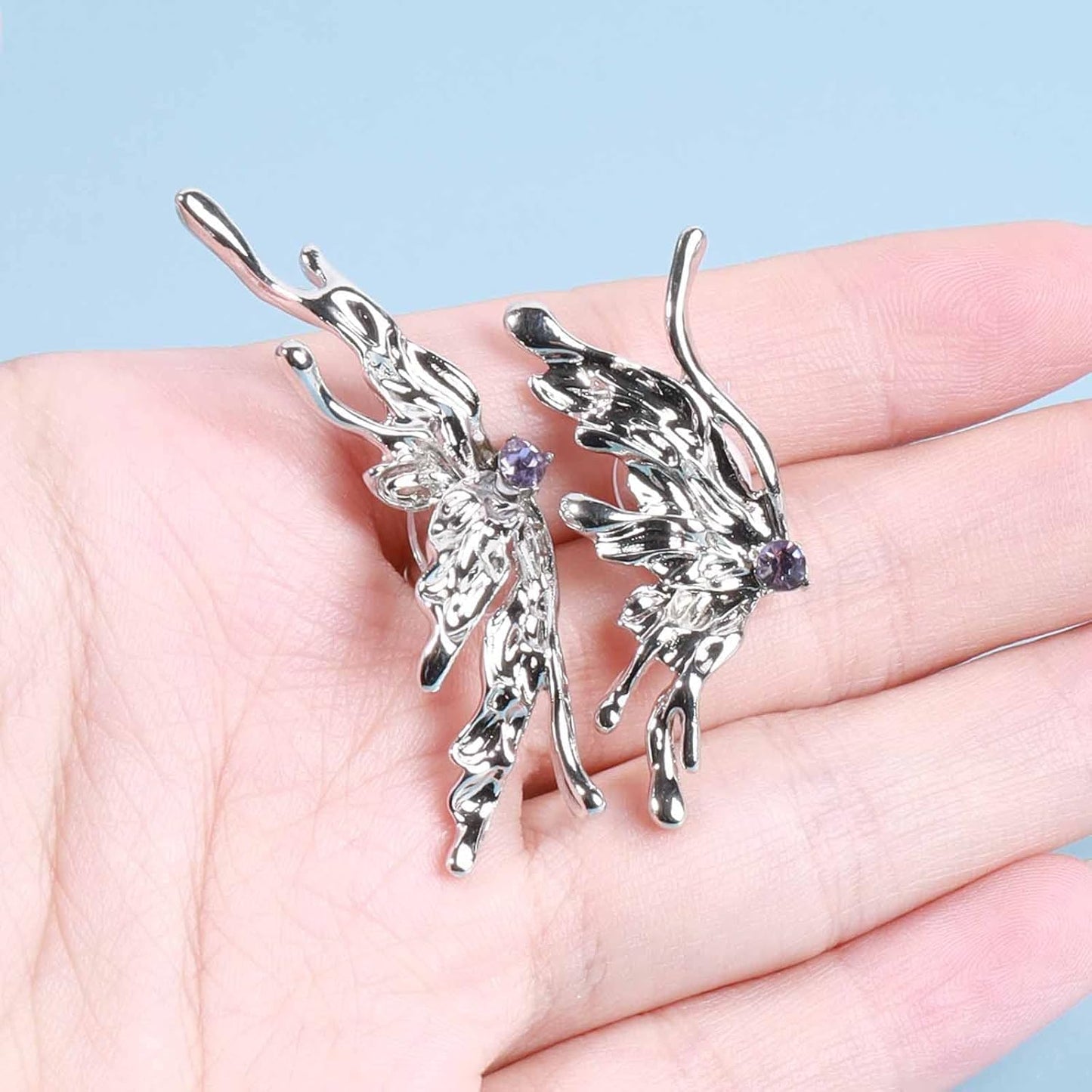 Punk Butterfly Wing Earrings Rhinestone Wing Studs Earrings Silver Half Wing Earrings Cool Mismatch Animal Earrings Jewelry for Women and Girls