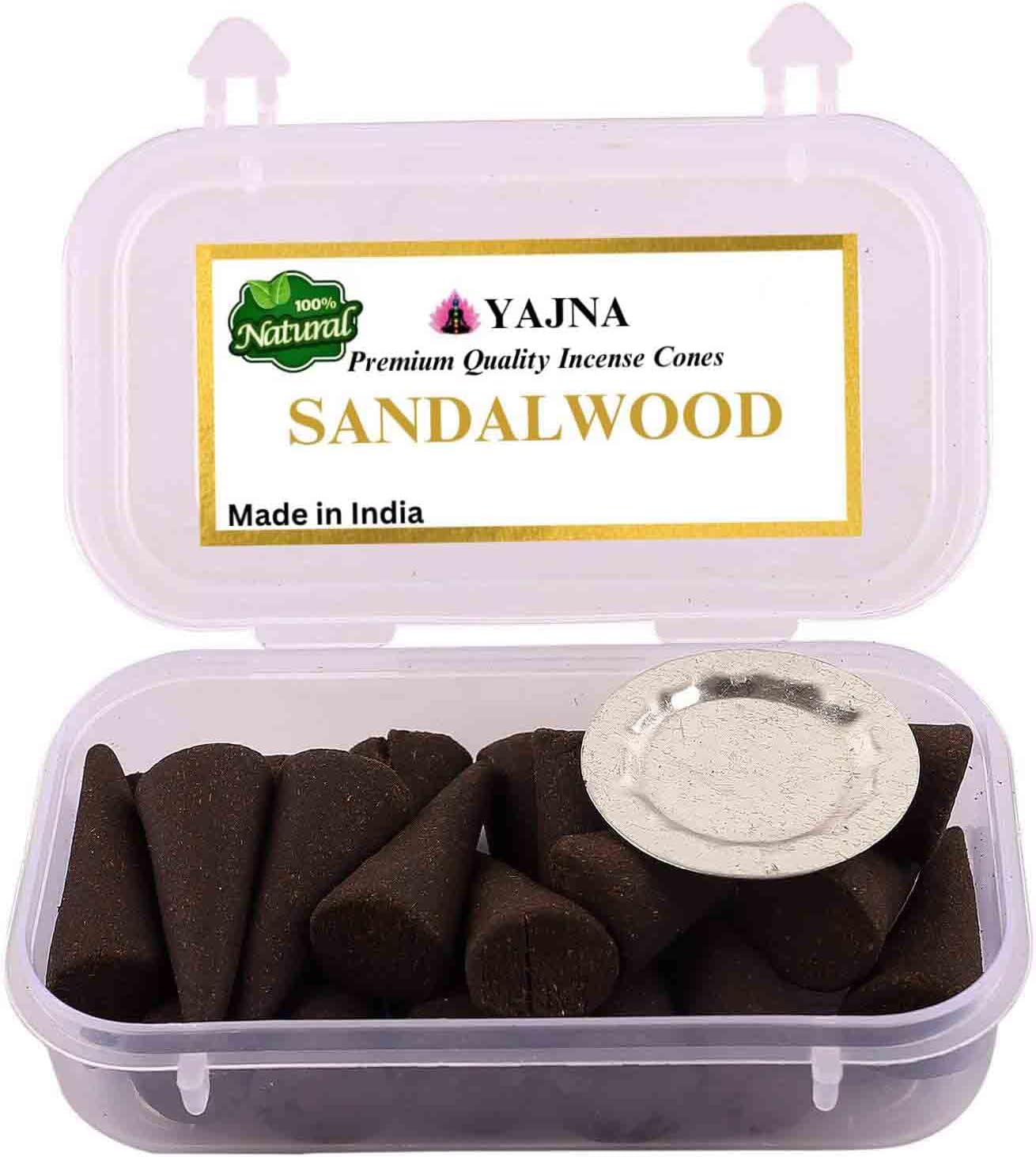 Yajna Sandalwood 100%-Natural-Incense-Cones Handmade-Hand-Dipped Organic-Chemicals-Free for-Purification-Relaxation-Positivity-Yoga-Meditation The-Best-scents (60 Count)