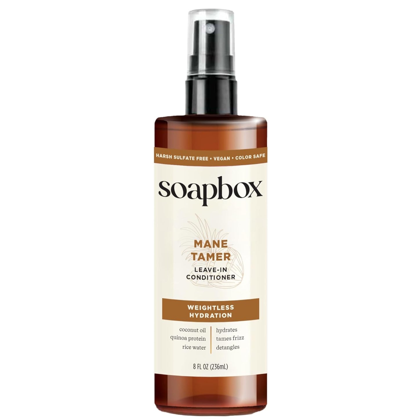 Soapbox Mane Tamer, Leave-In Conditioner Spray to Tame Frizz, Smooth Fly Aways, Hydrate, Add Shine & Detangle Dry, Damaged Hair, Paraben Free, Vegan (8oz)