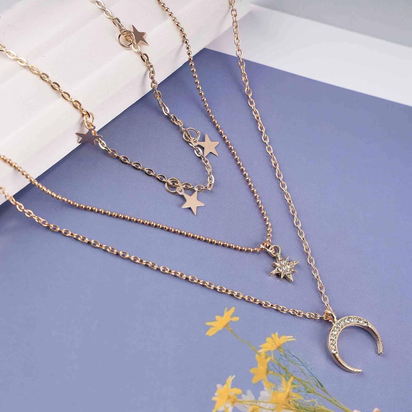 Boho layered moon star choker necklace crystal northstar necklace cz moon pendant necklace gold star dangle necklace jewelry for women