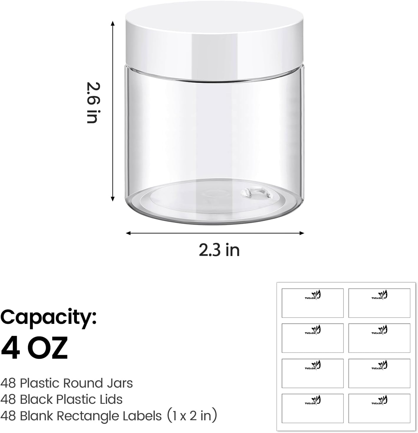 TUZAZO 48 Pack 4 Oz Plastic Container Jars with Lids and Labels BPA Free, Empty Round Clear Cosmetic Containers Plastic Slime Jars for Lotion, Cream, Ointments, Body Butter, Travel Storage (48)