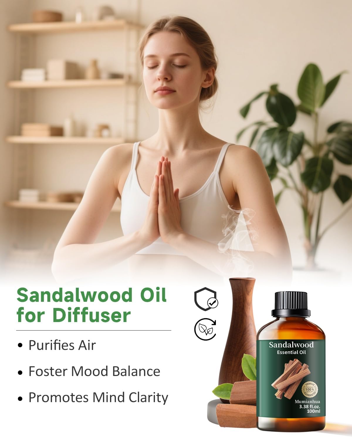 Sandalwood Essential Oil Pure，Mumianhua Natural Sandalwood Oil Undiluted Therapeutic Grade Aromatherapy Oil for Diffuser, Skin, Hair, Massage, Candle & Soap Making 3.38 Fl Oz