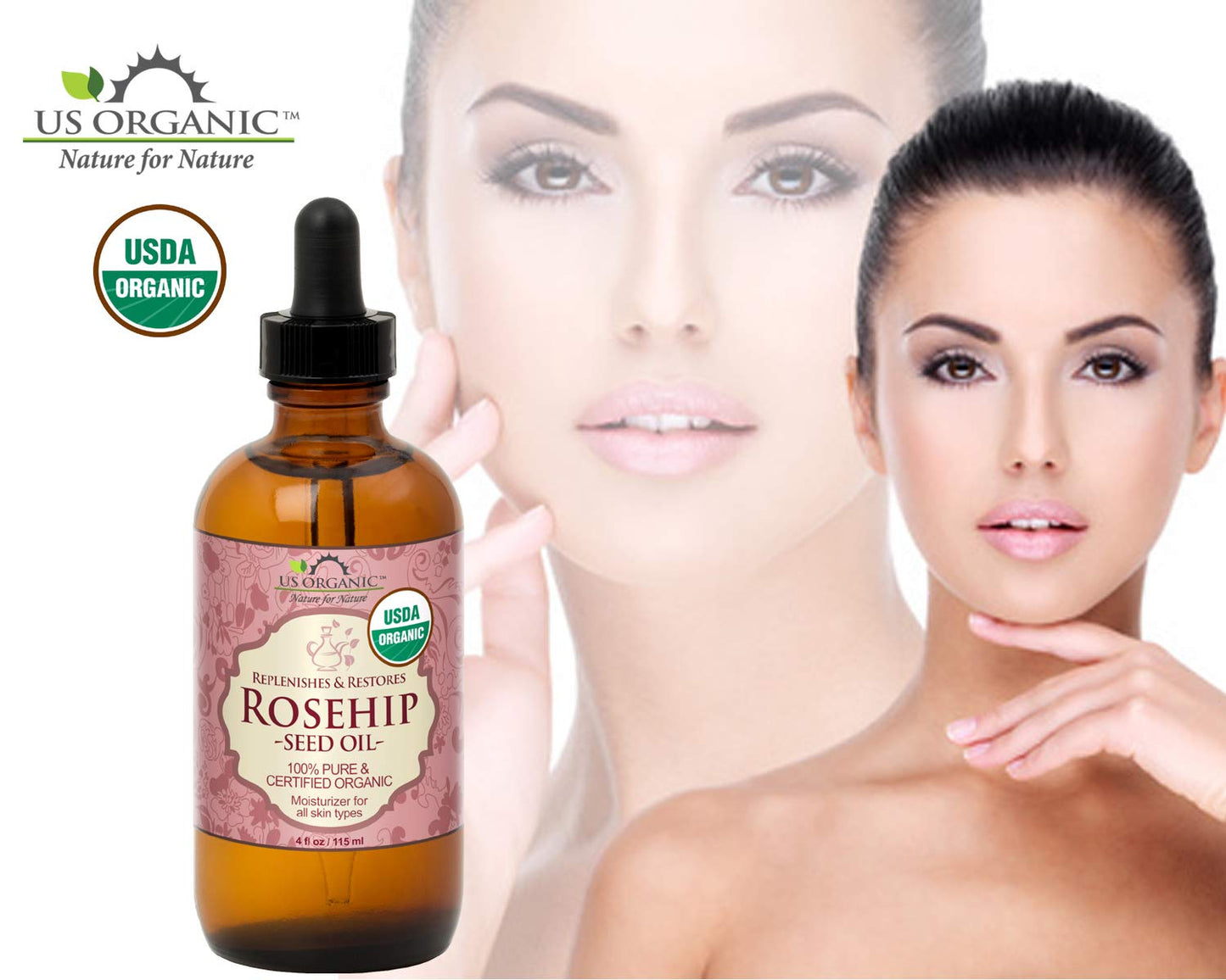 US Organic Rosehip Seed Oil, USDA Certified Organic, Cold Pressed, Virgin Organic, Amber Glass Bottle and Glass Eyedropper for Easy Application - 4 oz (115 ml)