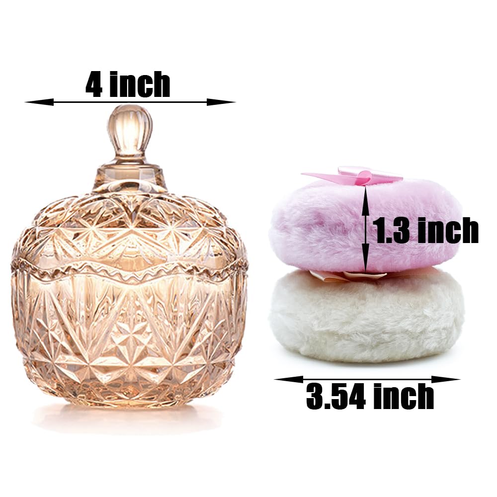 Luxury 4 Inch Glass Loose Powder Container with 2 Soft 3.5" Puffs｜Non-Sealed Refillable Organizer Storage for Body Powder Makeup & Jewelry & Setting Applicator(Crown-Amber)